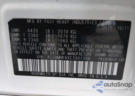 2012 Subaru Legacy 2.5I Limited z USA, uszkodzony, nr VIN 4S3BMBK6XC3007390